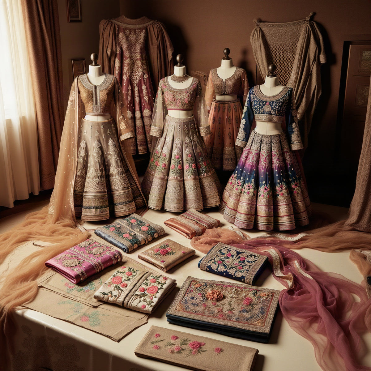 A collection of ornate traditional Indian lehenga choli sets displayed on mannequins and draped on the floor. The garments feature intricate metallic embroidery, floral motifs, and rich colors including gold, pink, blue, and brown.